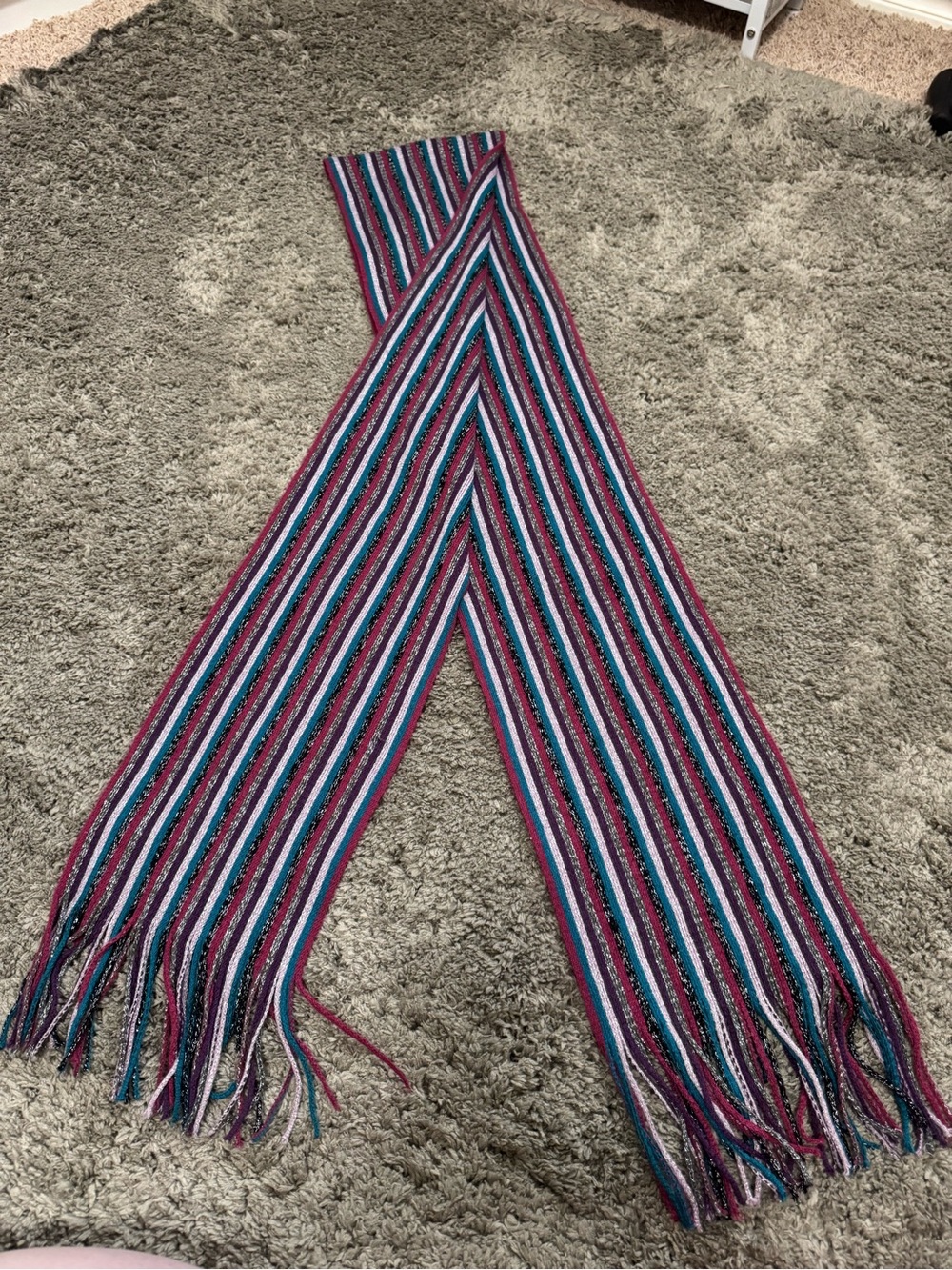 Multicolor Vertical Stripe Knit Winter Scarf with Metallic Thread O/S